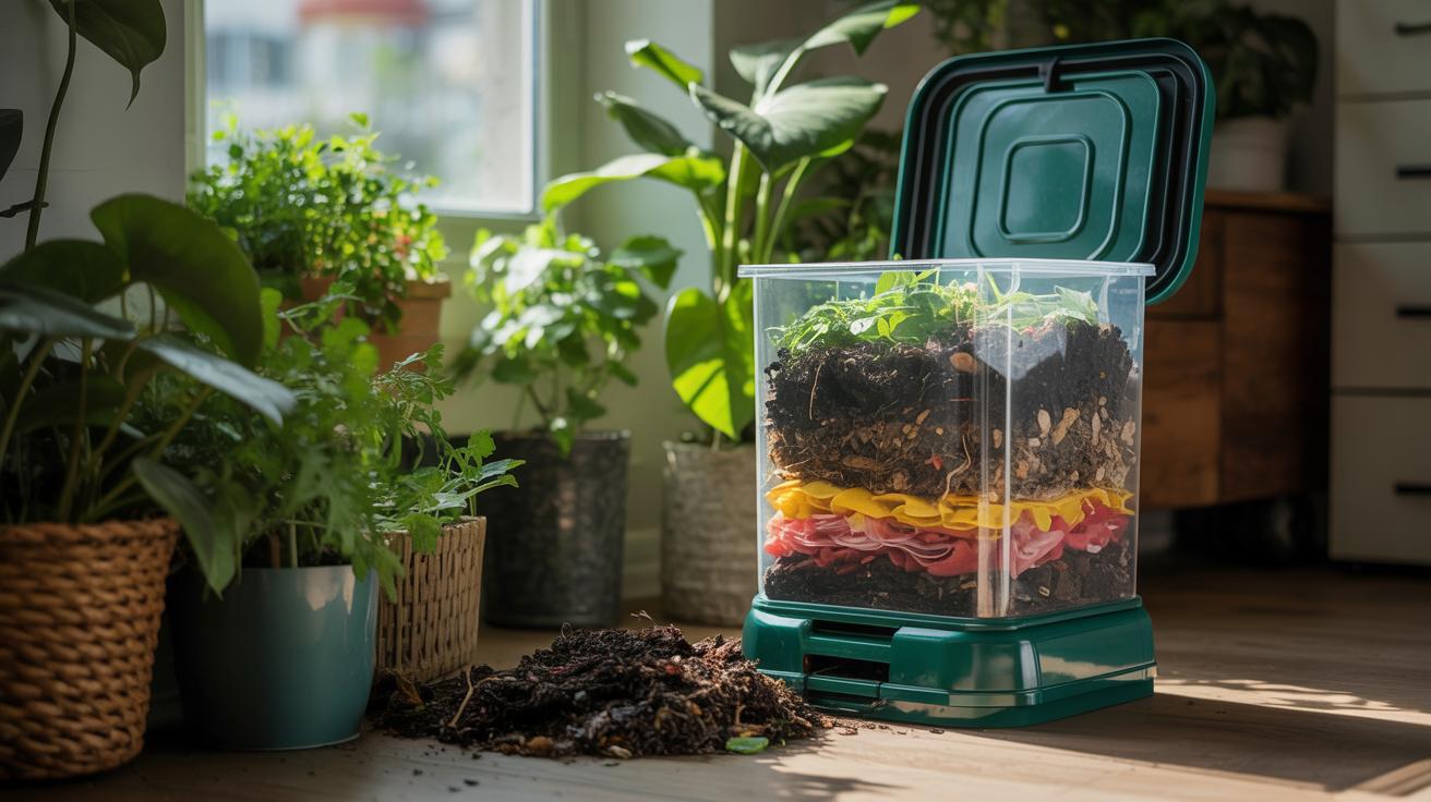 Illustration de la création d'un compost maison en appartement (généré par IA). Credit: Ideogram.