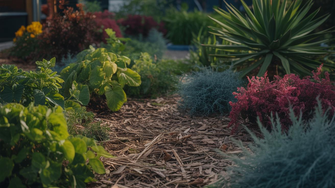 Illustration de la transformation des déchets verts en paillis pour un jardin zéro déchet (généré par IA). Credit: Ideogram.