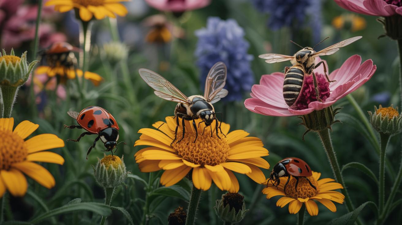 Illustration de l'équilibre écologique dans un jardin grâce aux insectes auxiliaires (généré par IA). Credit: Ideogram.