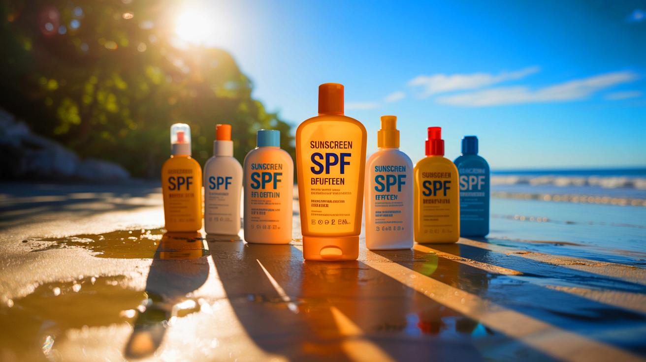 Illustration of sunscreen bottles on a beach with exaggerated SPF labels (AI-generated). Credit: Ideogram.