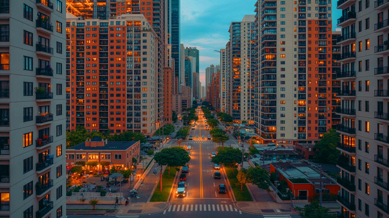Illustration of high-density urban housing projects with towering apartment buildings and bustling city life (AI-generated). Credit: Ideogram.