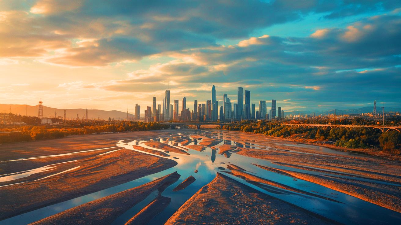 Illustration of a futuristic urban landscape facing water scarcity challenges (AI-generated). Credit: Ideogram.