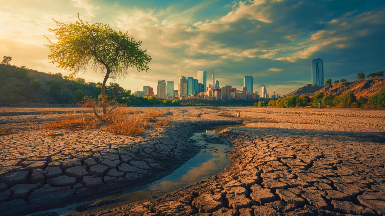 Illustration of dwindling freshwater resources and their impact on agriculture and urban areas (AI-generated). Credit: Ideogram.