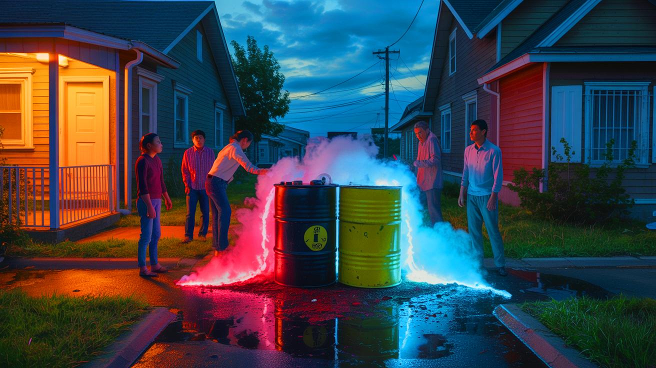 Illustration of toxic waste barrels leaking near residential homes (AI-generated). Credit: Ideogram.
