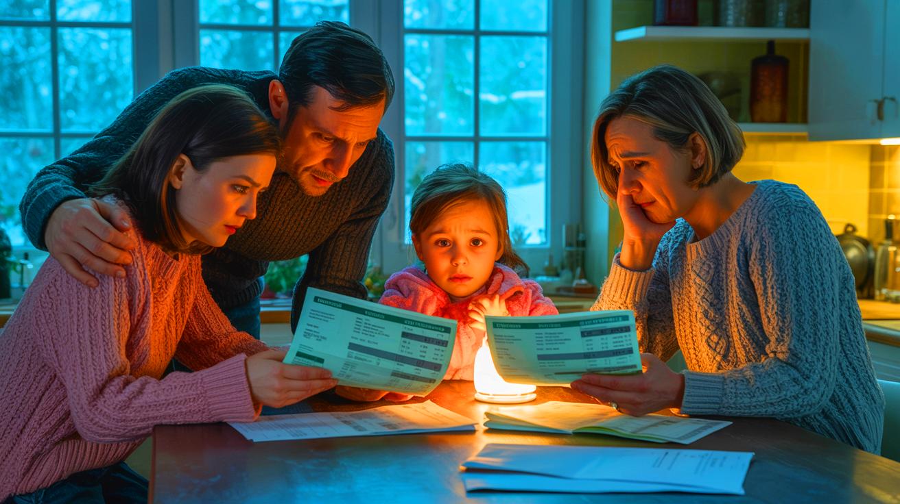 Illustration of a family anxiously reviewing their rising energy bills as winter approaches (AI-generated). Credit: Ideogram.