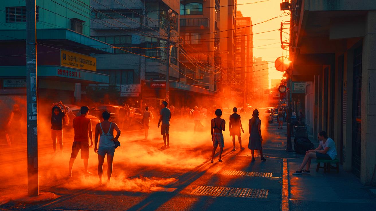 Illustration of an intense heatwave impacting an urban landscape with rising temperatures and stressed populace (AI-generated). Credit: Ideogram.