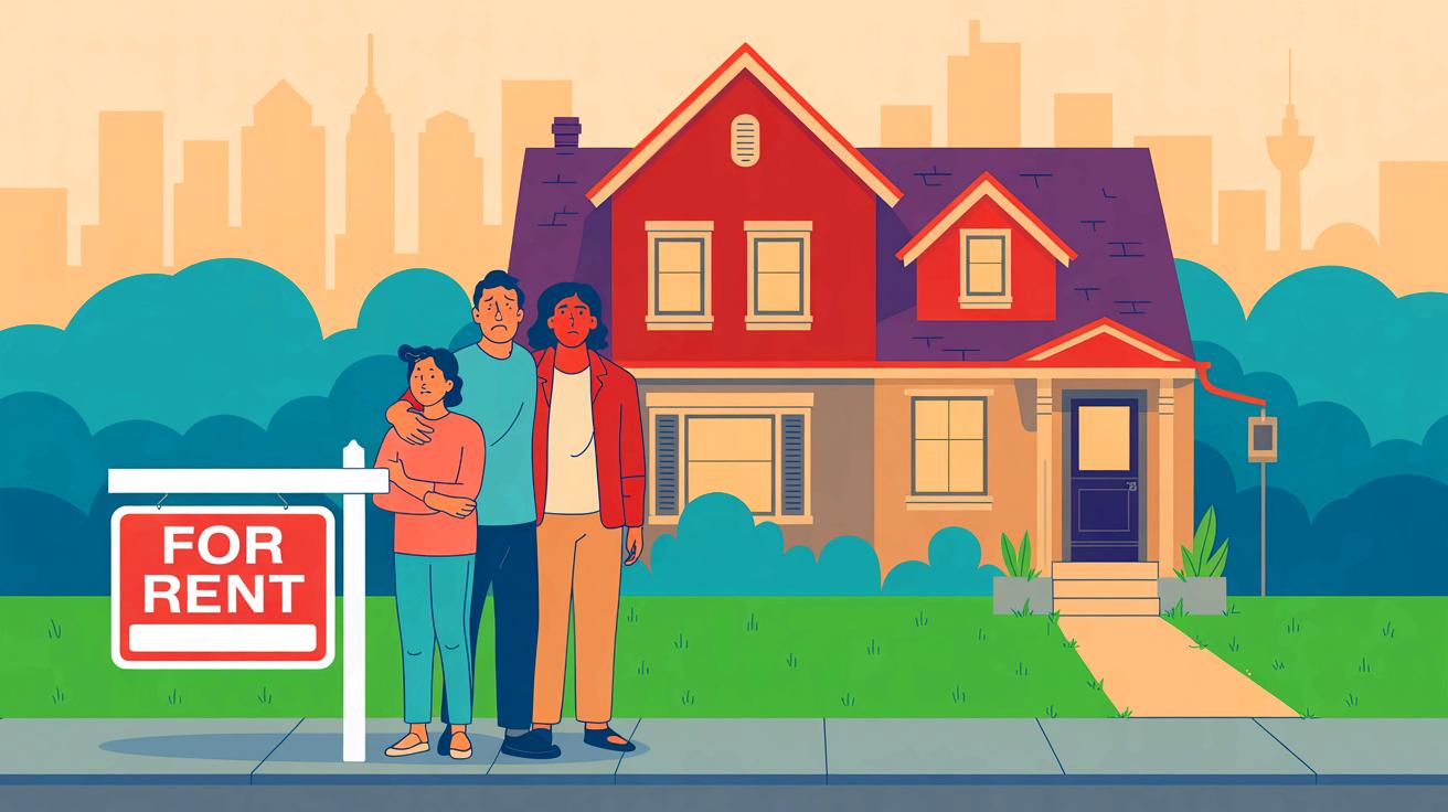 Illustration of families facing displacement due to rising rental costs (AI-generated). Credit: Ideogram.