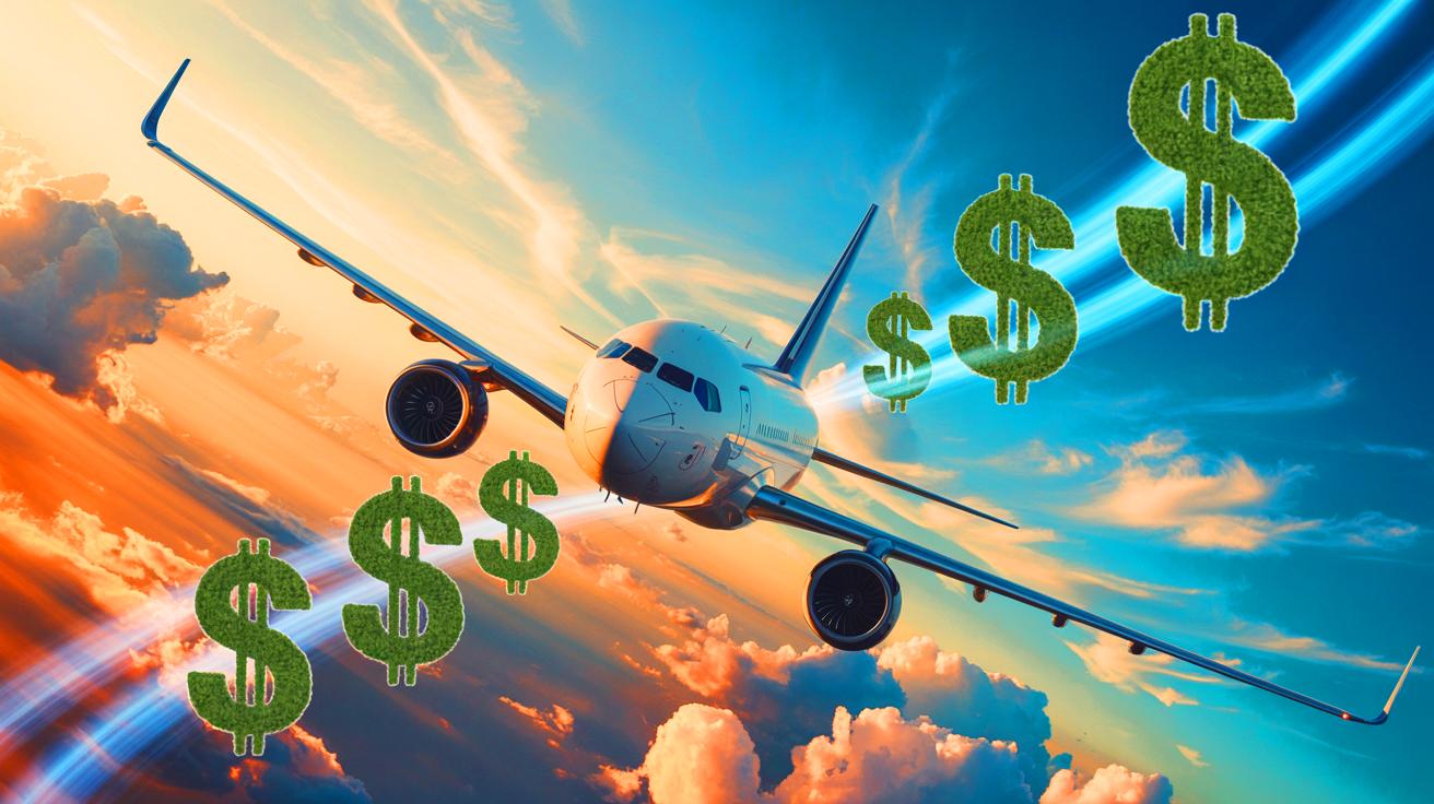 Illustration of an airplane in flight surrounded by dollar signs, symbolizing the rising costs of air travel (AI-generated). Credit: Ideogram.