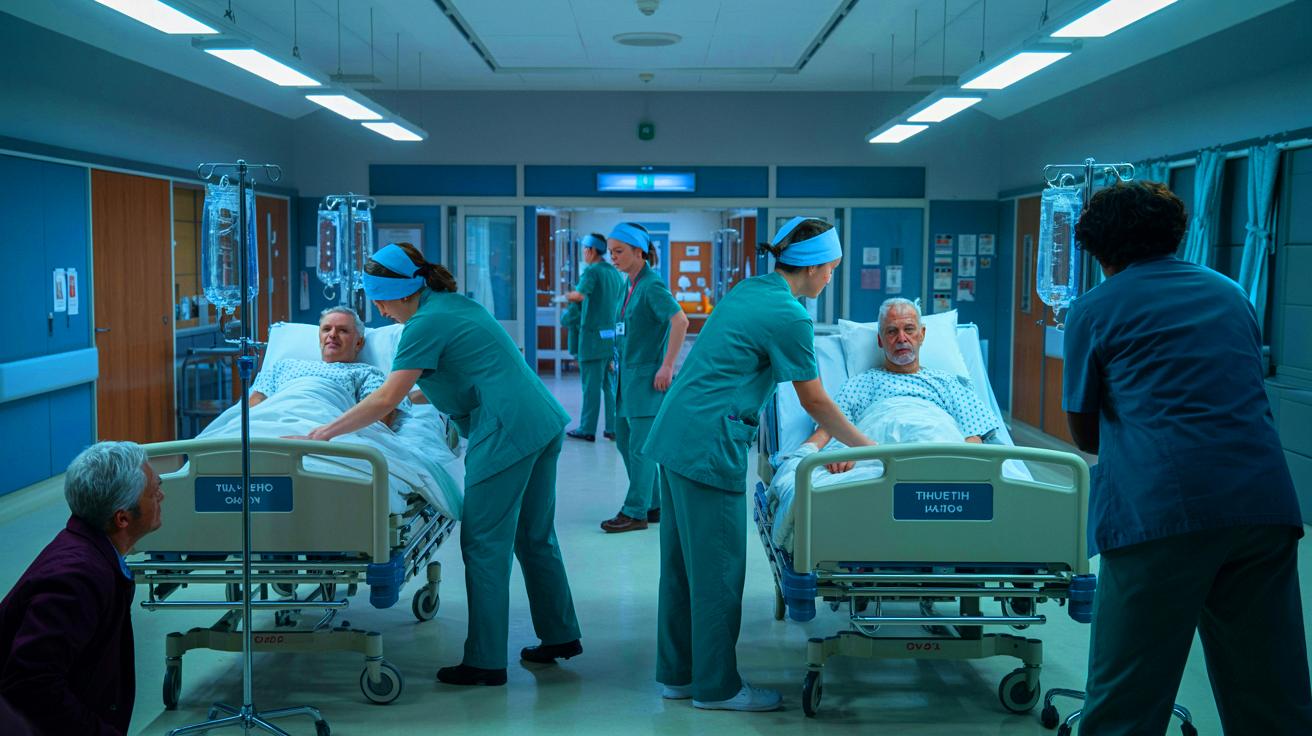 Illustration of a busy hospital ward during winter with healthcare workers attending to patients (AI-generated). Credit: Ideogram.