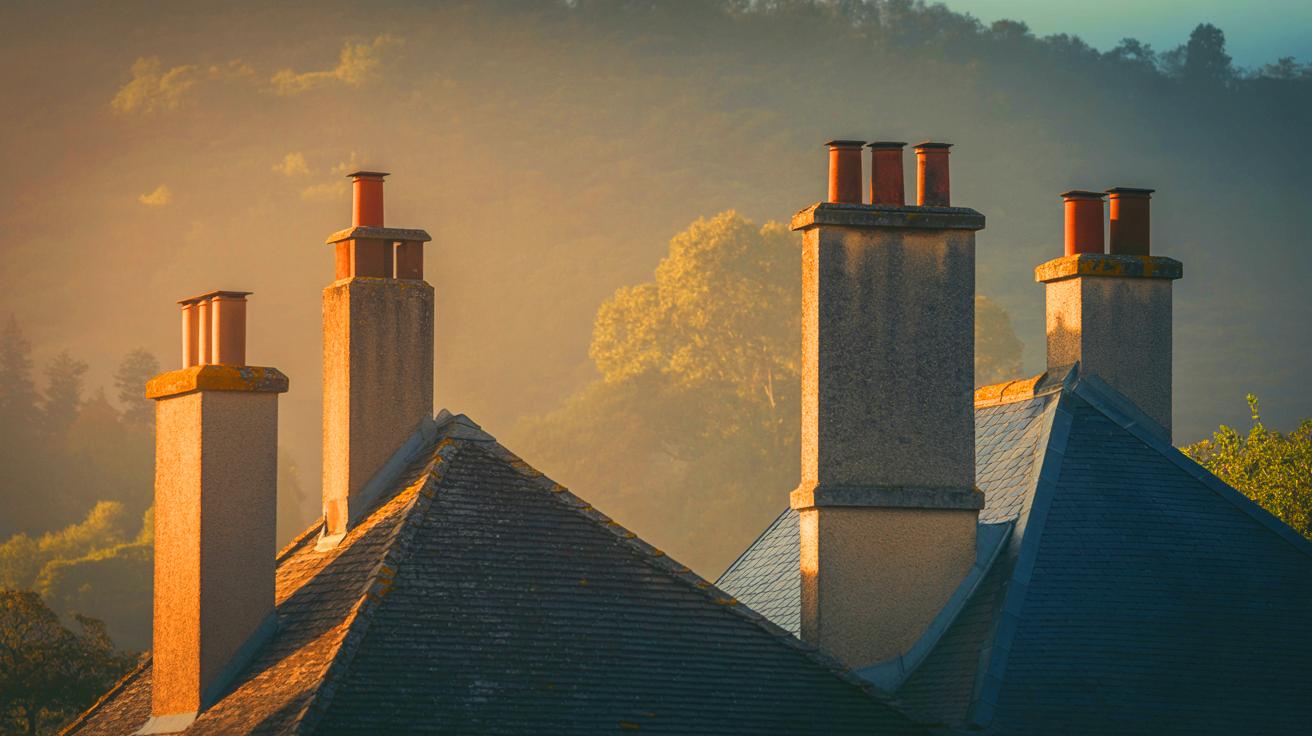 Illustration de cheminées traditionnelles dans un paysage rural français (généré par IA). Credit: Ideogram.