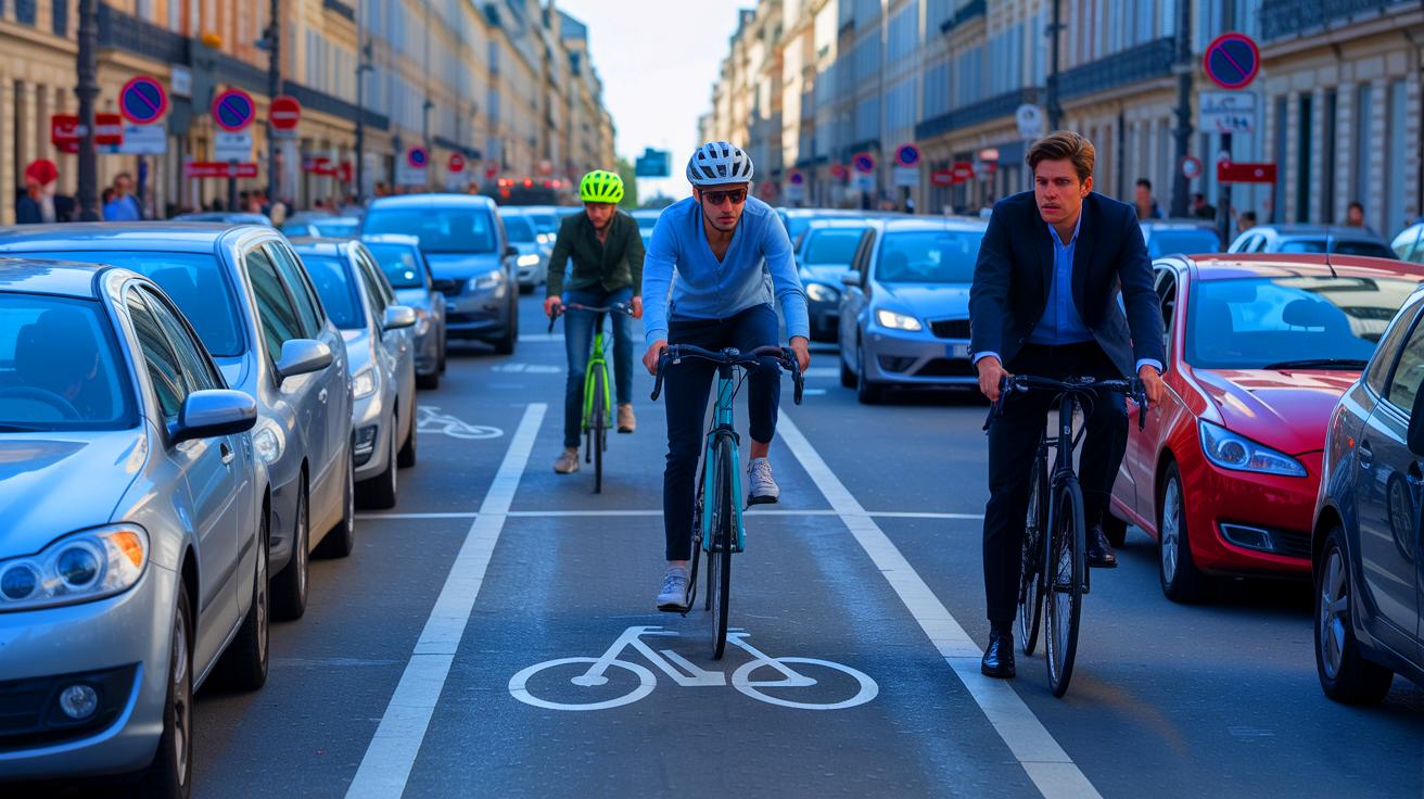 Illustration de la suppression des places de stationnement au profit des pistes cyclables dans les villes françaises (généré par IA). Credit: Ideogram.
