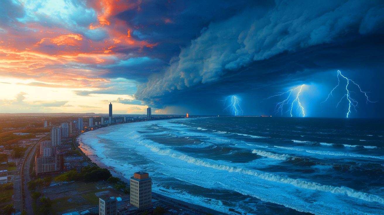Illustration of extreme weather events impacting a coastal community, highlighting the effects of climate change (AI-generated). Credit: Ideogram.