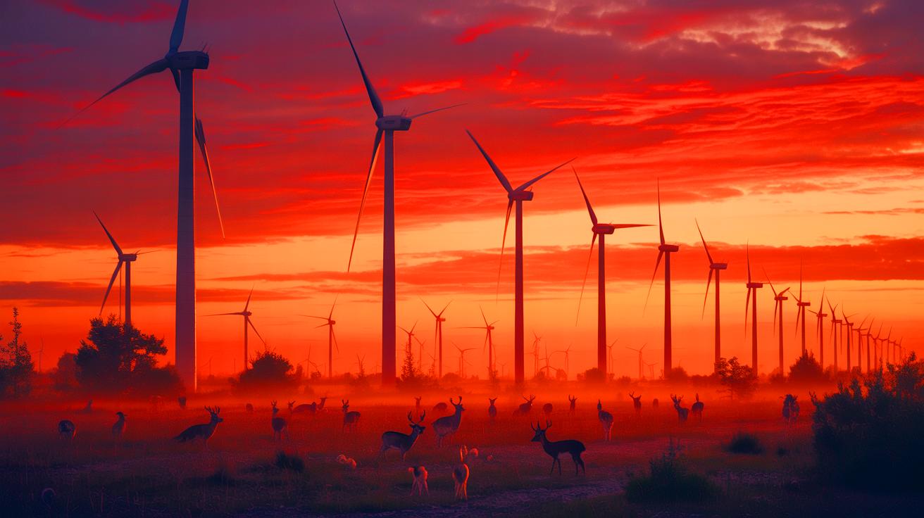 Illustration of a wind farm set against a backdrop of diverse wildlife and ecosystems, highlighting the balance between clean energy and environmental impact (AI-generated). Credit: Ideogram.