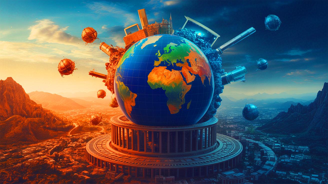 Illustration of a complex economic landscape showing inflation and stagnation challenges (AI-generated). Credit: Ideogram.