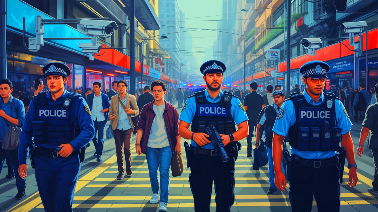 Illustration of increased security presence in urban areas with citizens navigating surveillance (AI-generated). Credit: Ideogram.