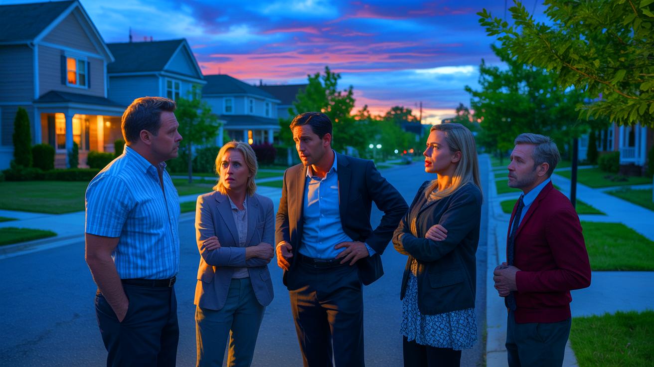 Illustration of concerned suburban residents discussing rising crime rates in their neighborhood (AI-generated). Credit: Ideogram.