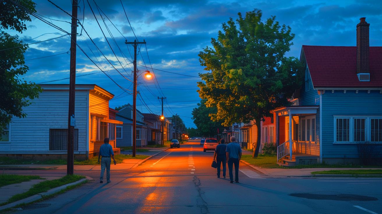 Illustration of a small-town street scene highlighting community life amidst rising crime concerns (AI-generated). Credit: Ideogram.