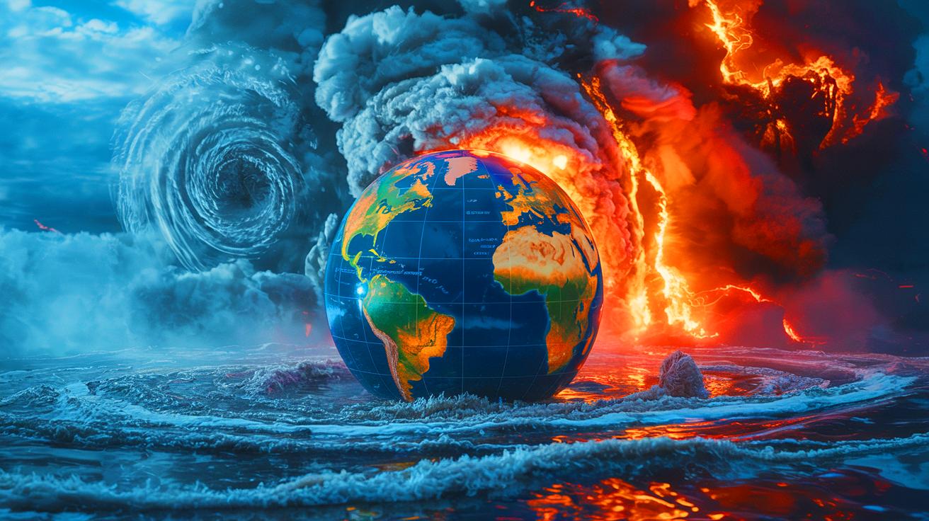 Illustration of a world map highlighting areas affected by natural disasters, with elements representing hurricanes, wildfires, and floods (AI-generated). Credit: Ideogram.