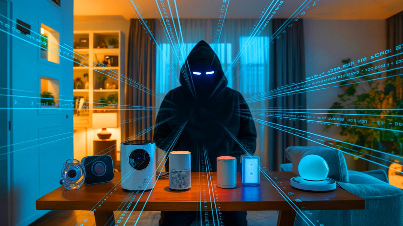 Illustration of a digital household network under cyberattack, showcasing various smart devices and a hacker (AI-generated). Credit: Ideogram.