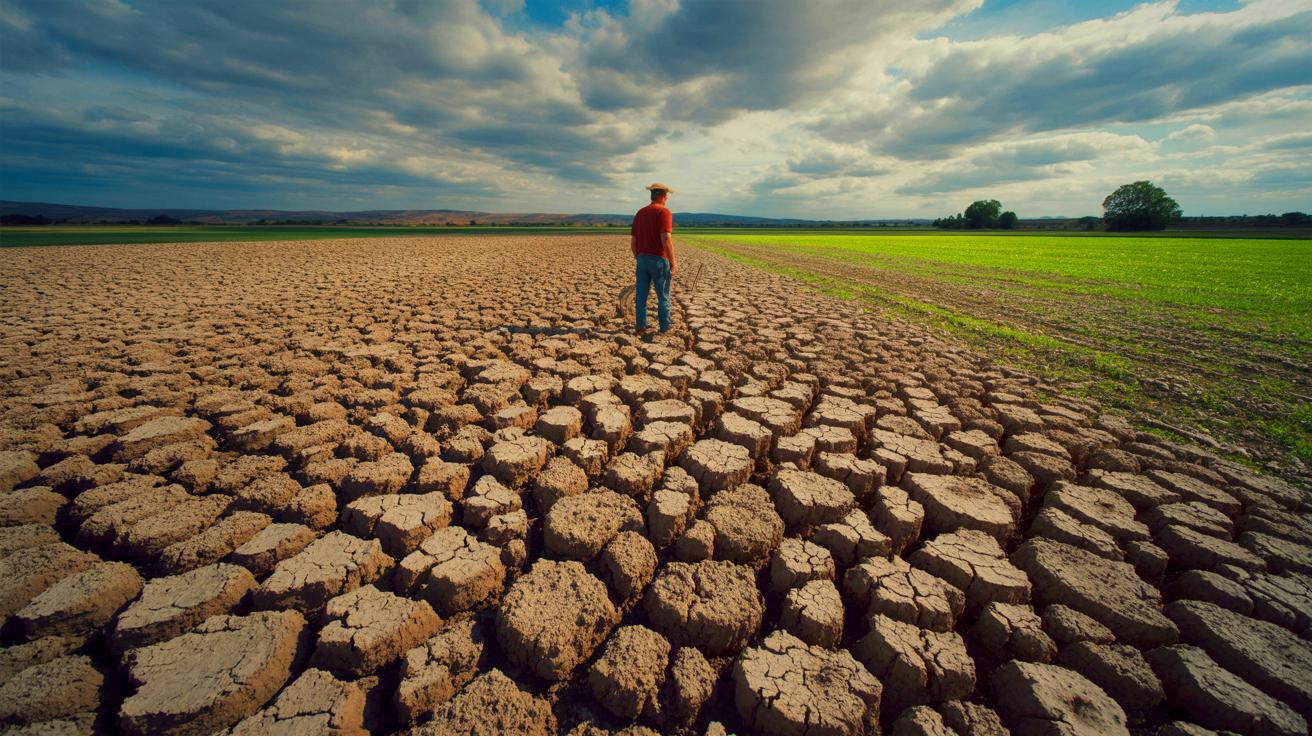 Illustration of a barren agricultural field illustrating the impact of over-farming on soil health (AI-generated). Credit: Ideogram.