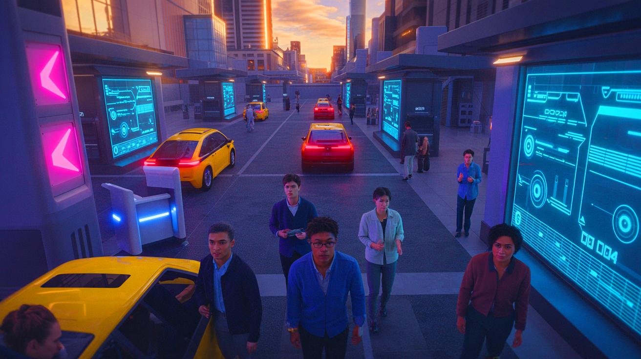 Illustration of a futuristic cityscape with smart technologies and digital interfaces (AI-generated). Credit: Ideogram.