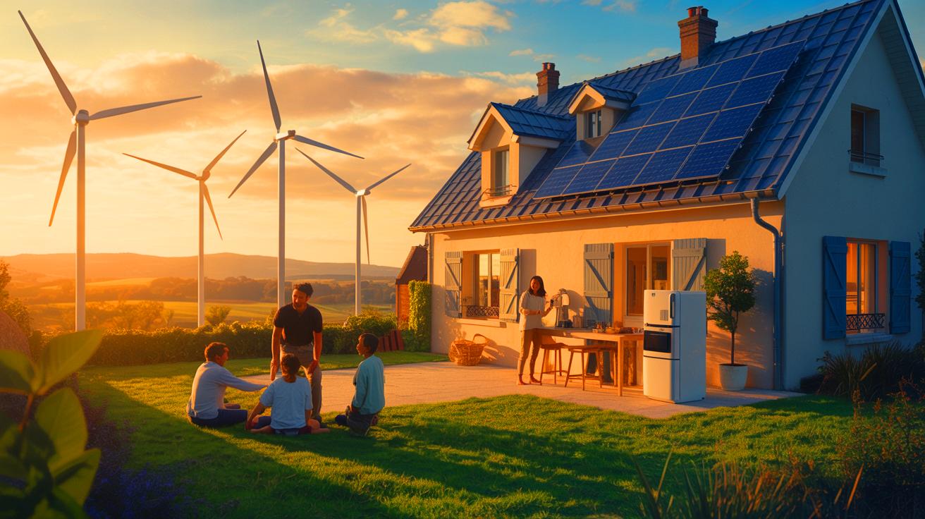 Illustration de la transition énergétique vers des énergies renouvelables pour les foyers français (généré par IA). Credit: Ideogram.