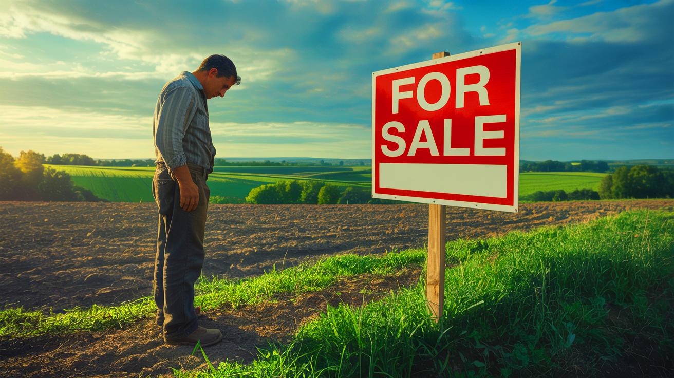 Illustration de la pression réglementaire poussant les agriculteurs à vendre leurs terres (généré par IA). Credit: Ideogram.