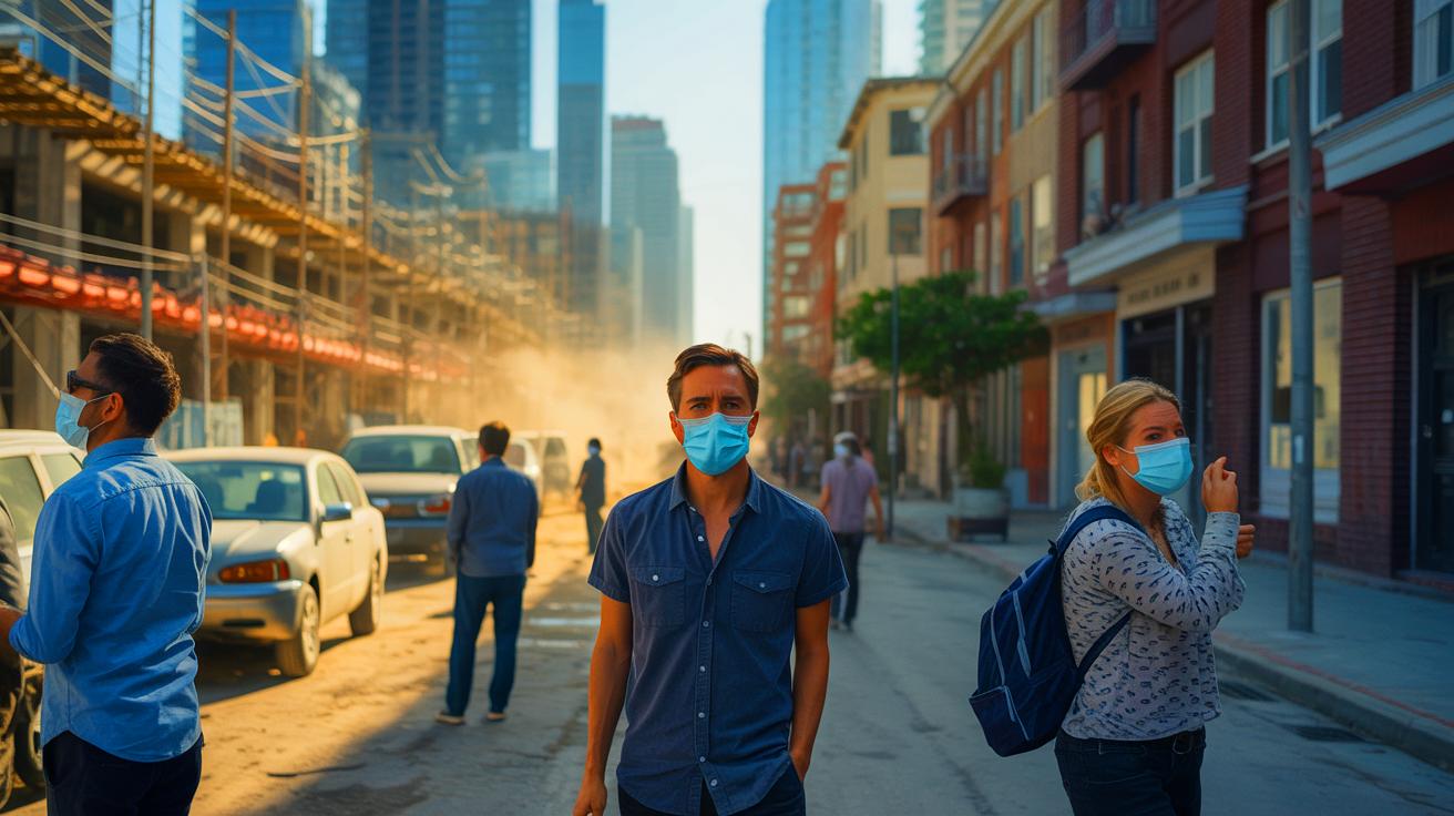 Illustration de la pollution due aux chantiers de construction dans un quartier résidentiel (généré par IA). Credit: Ideogram.