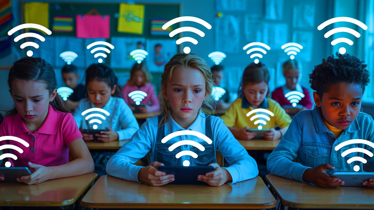 Illustration of children in a classroom surrounded by WiFi signals, representing potential health risks (AI-generated). Credit: Ideogram.