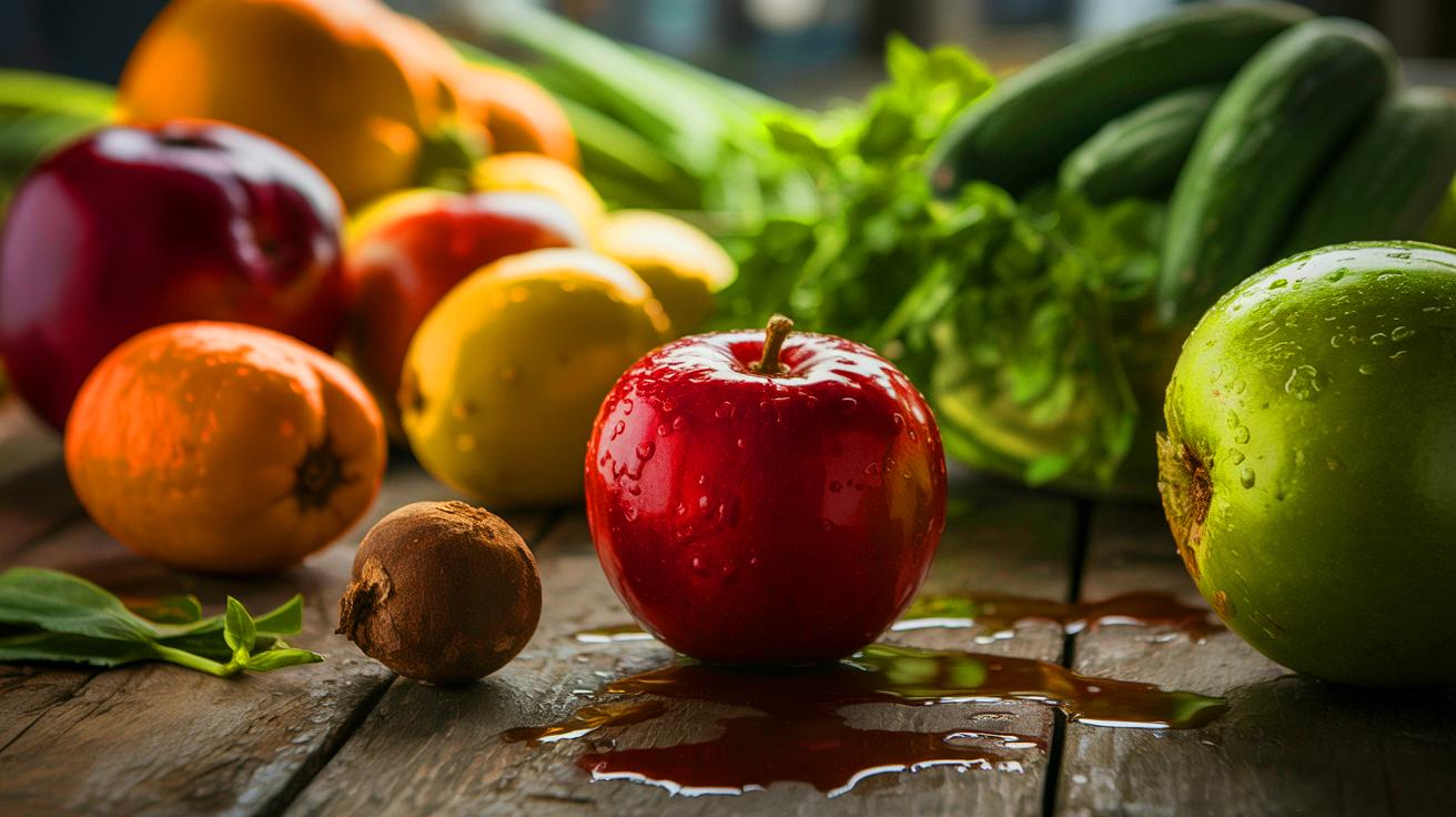 Illustration of various fruits and vegetables with visible pesticide residue levels (AI-generated). Credit: Ideogram.