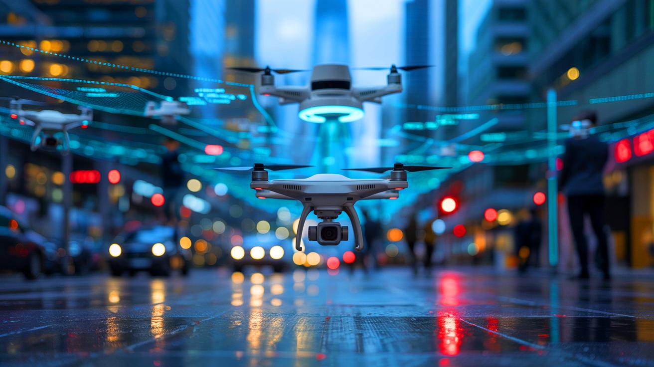 Illustration of mass surveillance technologies observing a cityscape with digital data streams (AI-generated). Credit: Ideogram.