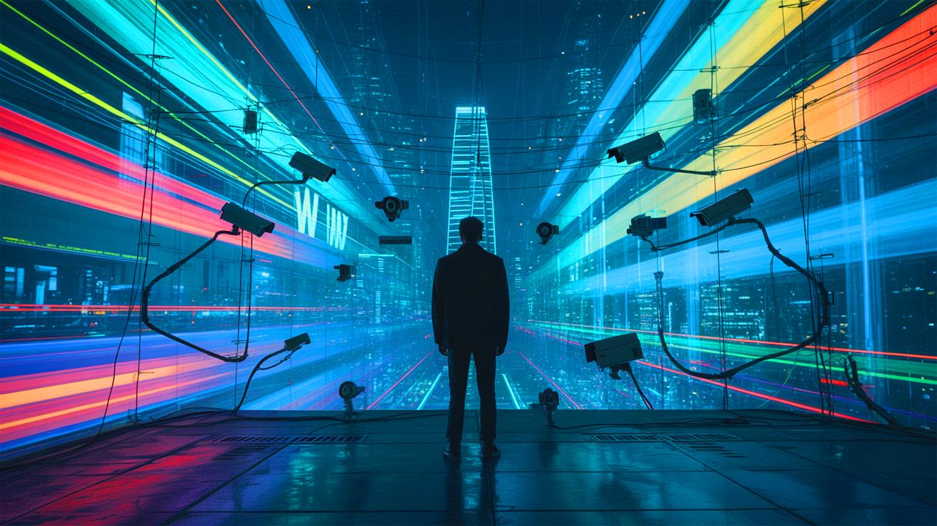 Illustration of a person surrounded by digital surveillance symbols, symbolizing privacy concerns (AI-generated). Credit: Ideogram.