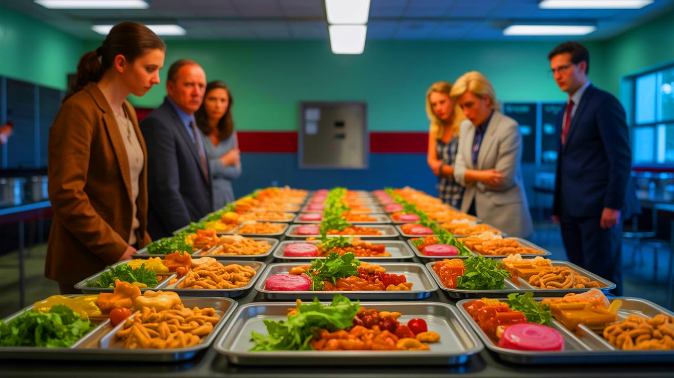 Illustration of a school cafeteria serving ultra-processed foods with concerned parents observing (AI-generated). Credit: Ideogram.