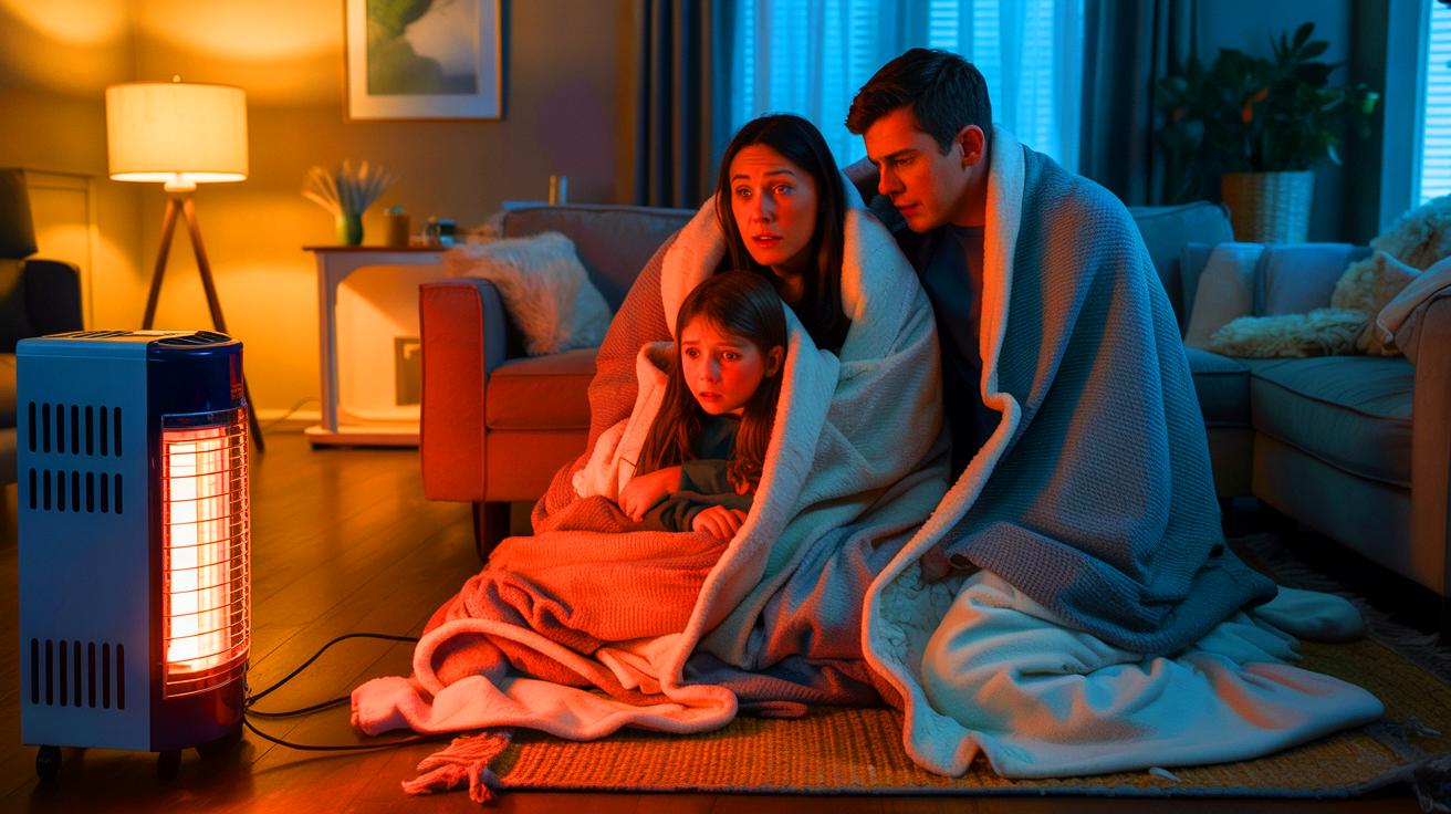 Illustration of a family bundled up in blankets, huddled around a small heater in their living room during winter (AI-generated). Credit: Ideogram.