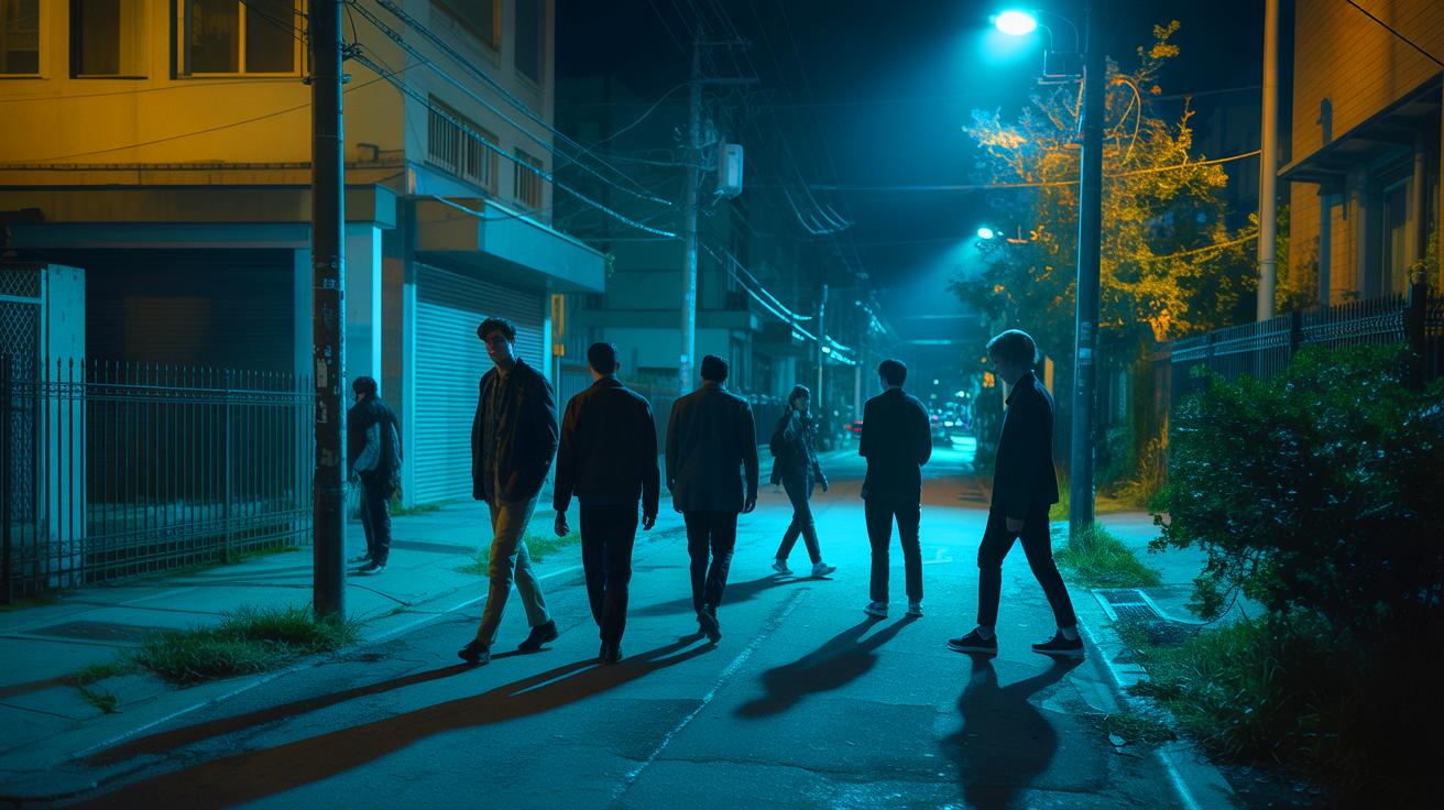 Illustration of a neighborhood street at night with silhouetted figures and streetlights, depicting a sense of fear and isolation (AI-generated). Credit: Ideogram.