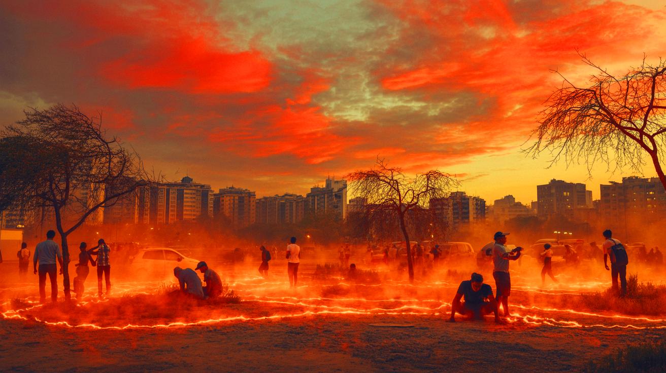 Illustration of a sweltering urban landscape under an intense heatwave, highlighting environmental and societal challenges (AI-generated). Credit: Ideogram.
