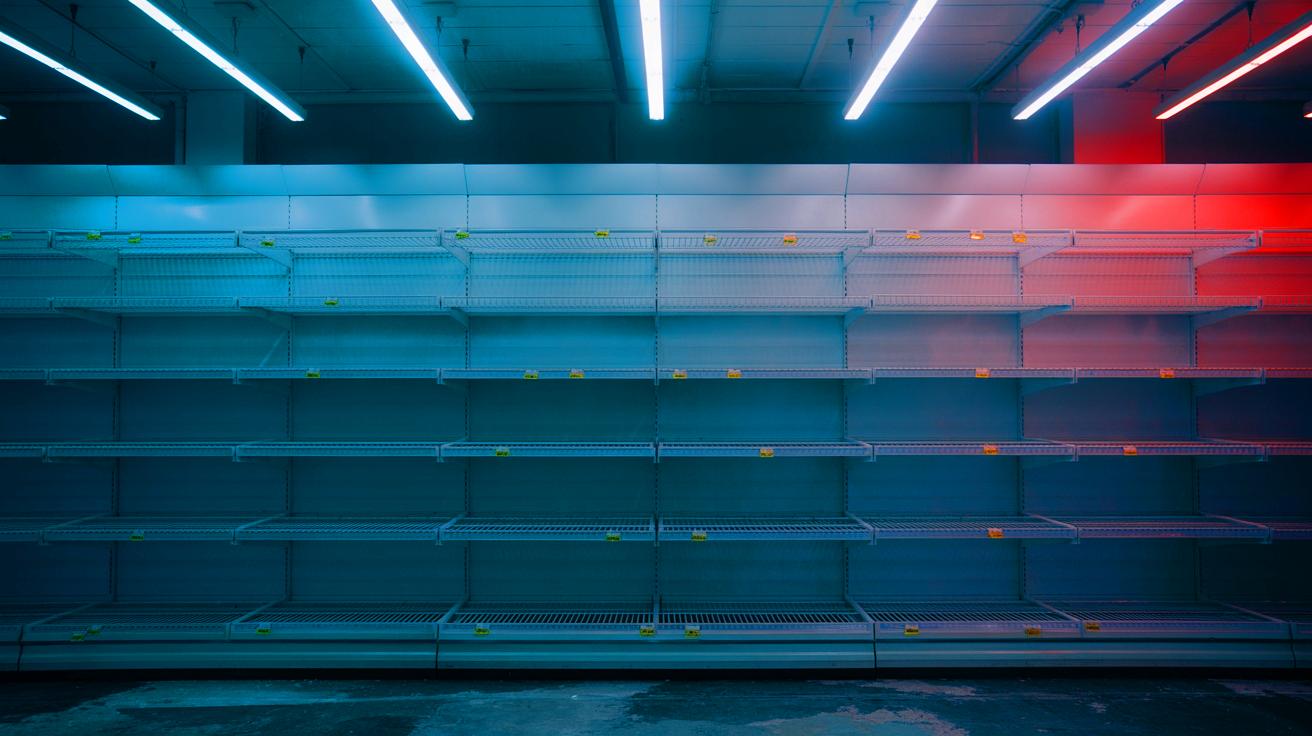 Illustration of empty supermarket shelves amid supply chain chaos (AI-generated). Credit: Ideogram.