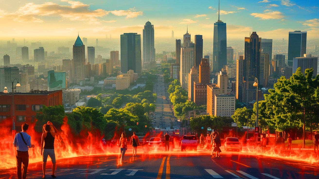 Illustration of a cityscape experiencing an intense heatwave, highlighting urban overheating challenges (AI-generated). Credit: Ideogram.