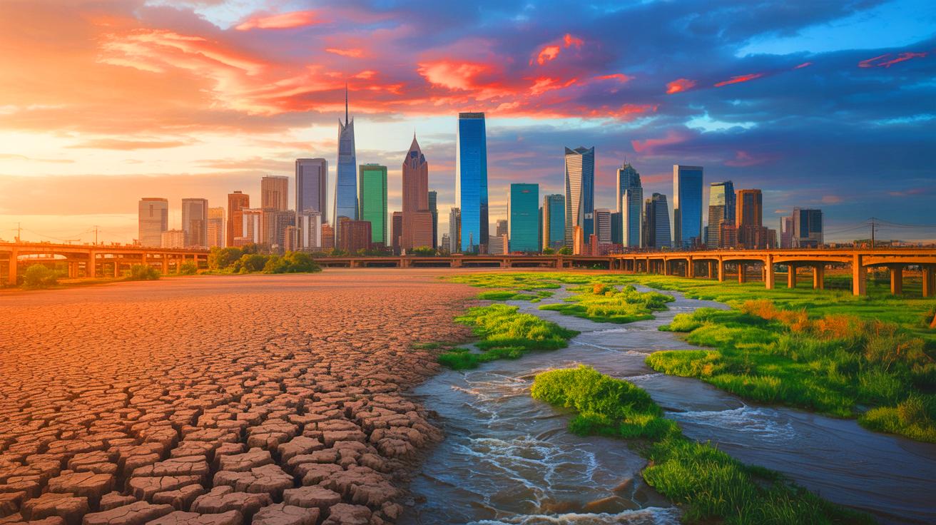 Illustration of a parched urban landscape highlighting the water scarcity crisis in major cities by 2025 (AI-generated). Credit: Ideogram.