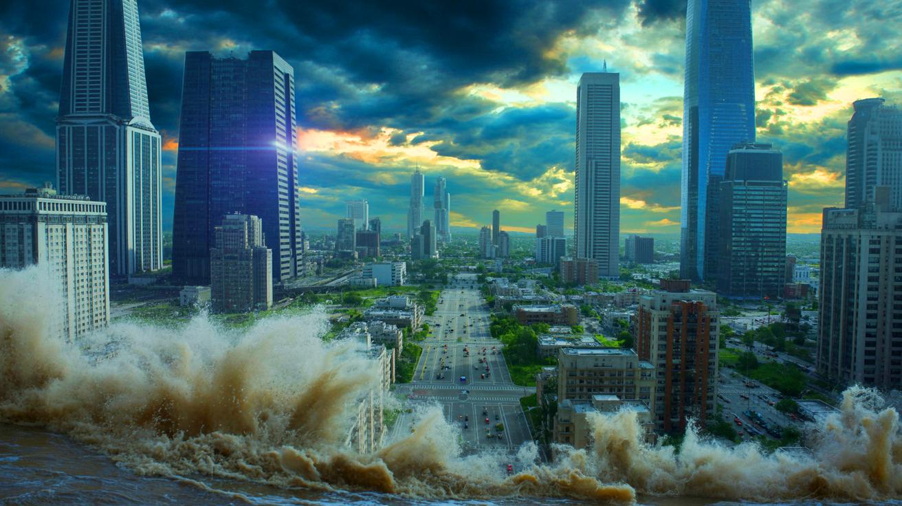Illustration of a city facing extreme weather conditions with stormy skies and rising floodwaters (AI-generated). Credit: Ideogram.