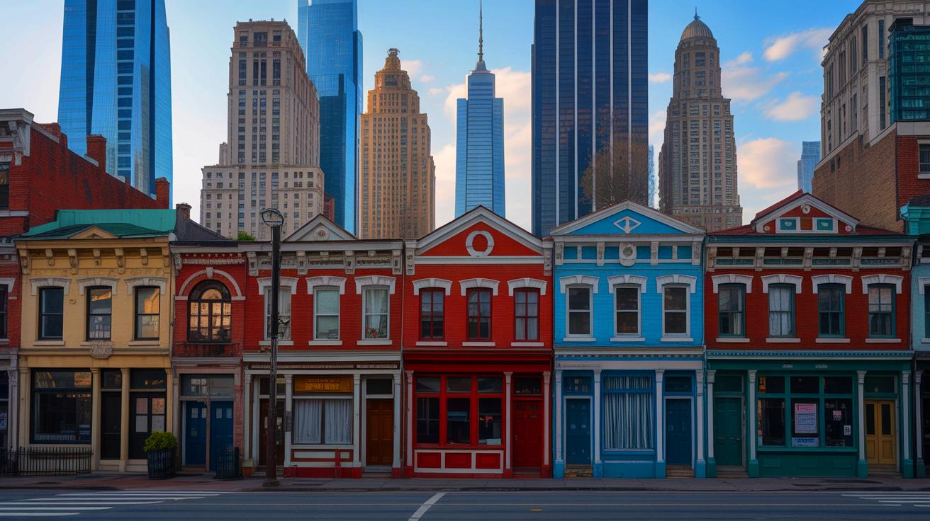 Illustration of a vibrant, historical neighborhood being overshadowed by modern skyscrapers, symbolizing the tension between redevelopment and preservation (AI-generated). Credit: Ideogram.