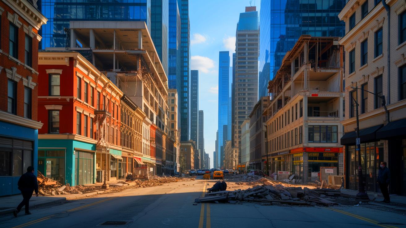 Illustration of urban redevelopment tensions between modern progress and community impact (AI-generated). Credit: Ideogram.