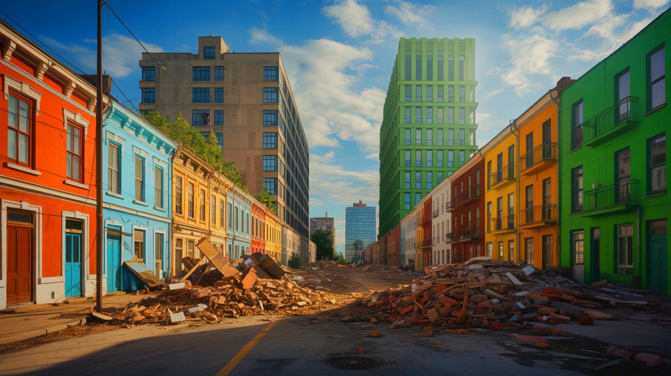 Illustration of a vibrant urban neighborhood with ongoing demolition and green redevelopment projects (AI-generated). Credit: Ideogram.