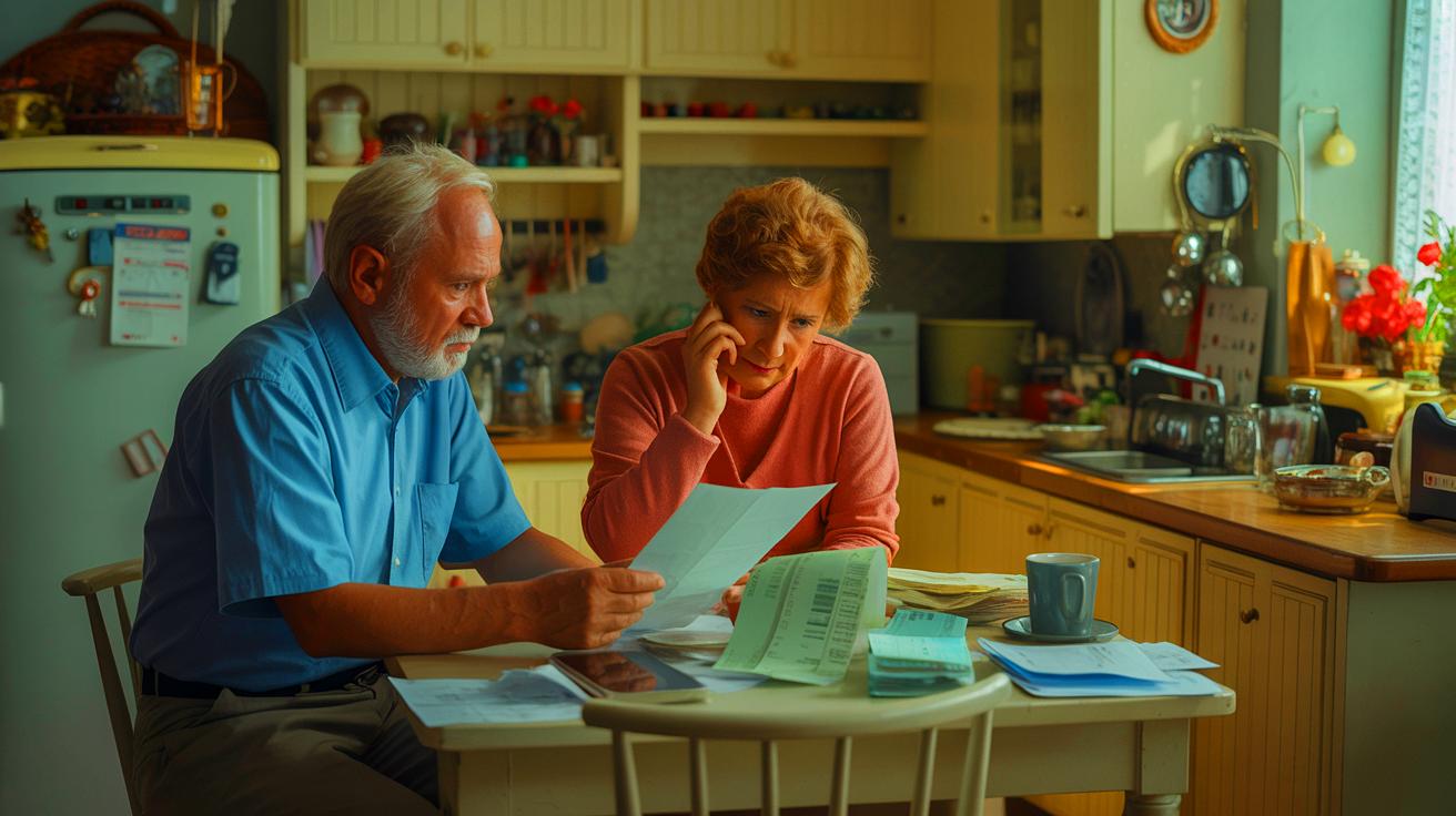Illustration of pensioners struggling with rising living costs and financial insecurity (AI-generated). Credit: Ideogram.