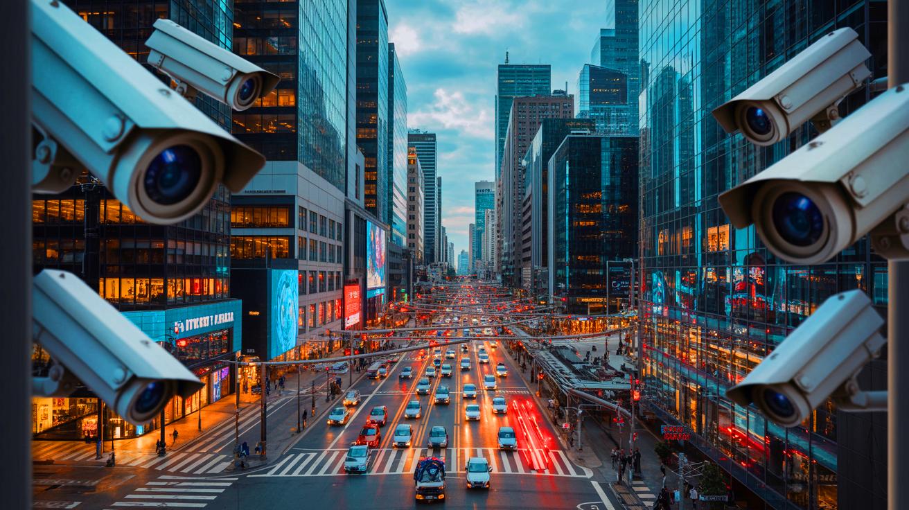 Illustration of surveillance cameras observing a crowded city street (AI-generated). Credit: Ideogram.