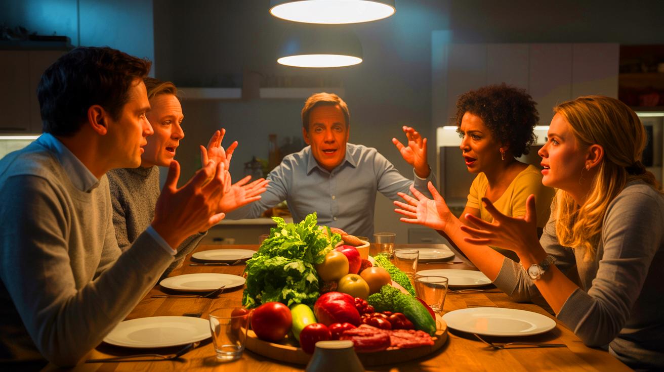 Illustration of a diverse group of people discussing food choices and sustainability (AI-generated). Credit: Ideogram.