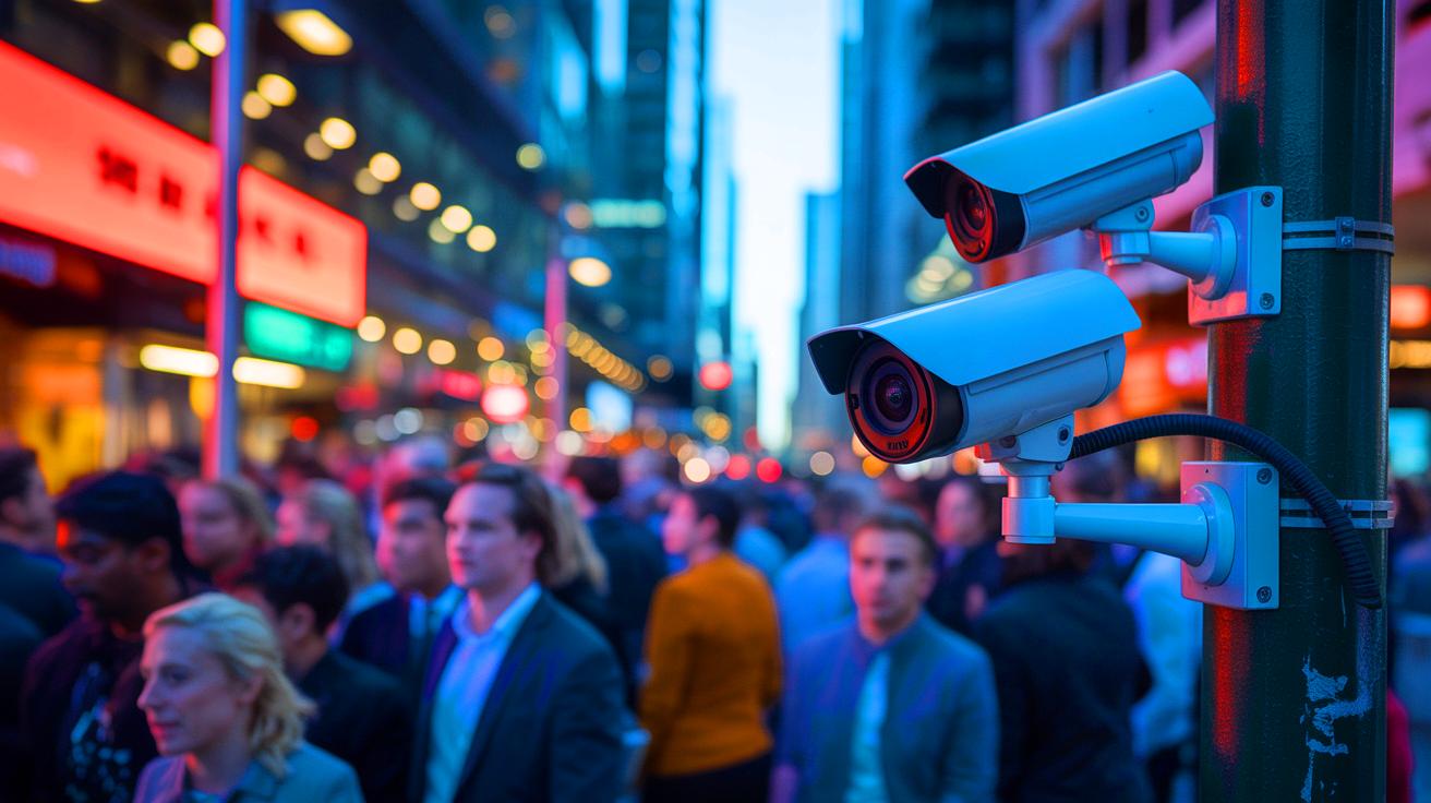 Illustration of smart cameras monitoring a busy urban area, highlighting public surveillance concerns (AI-generated). Credit: Ideogram.