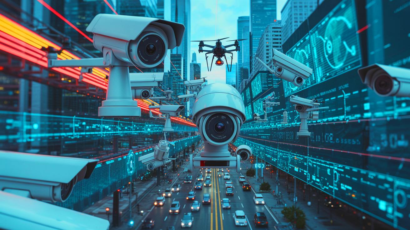 Illustration of a cityscape densely equipped with surveillance cameras and digital data streams representing nationwide surveillance systems (AI-generated). Credit: Ideogram.