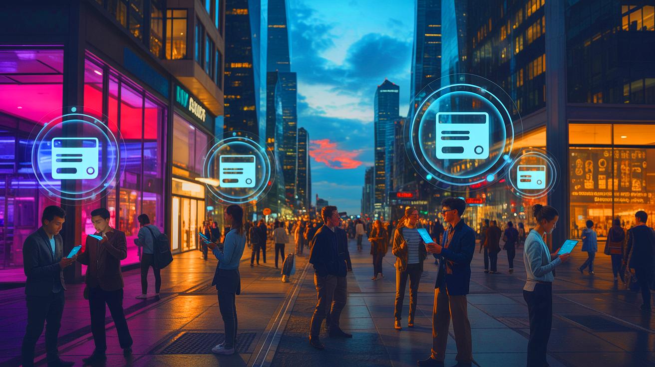 Illustration of a futuristic cityscape with digital payment symbols and people interacting with virtual interfaces (AI-generated). Credit: Ideogram.