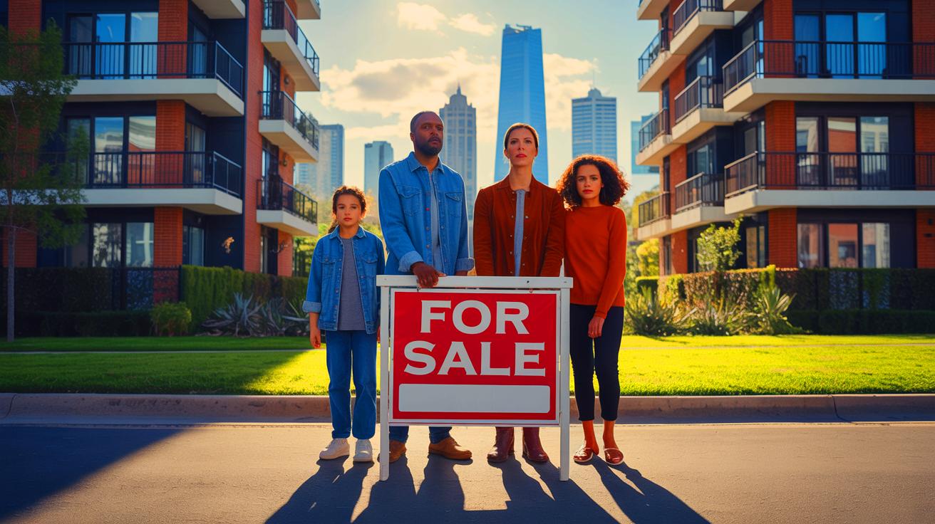 Illustration of a cityscape with towering buildings and a family looking at housing advertisements, representing the housing crisis (AI-generated). Credit: Ideogram.